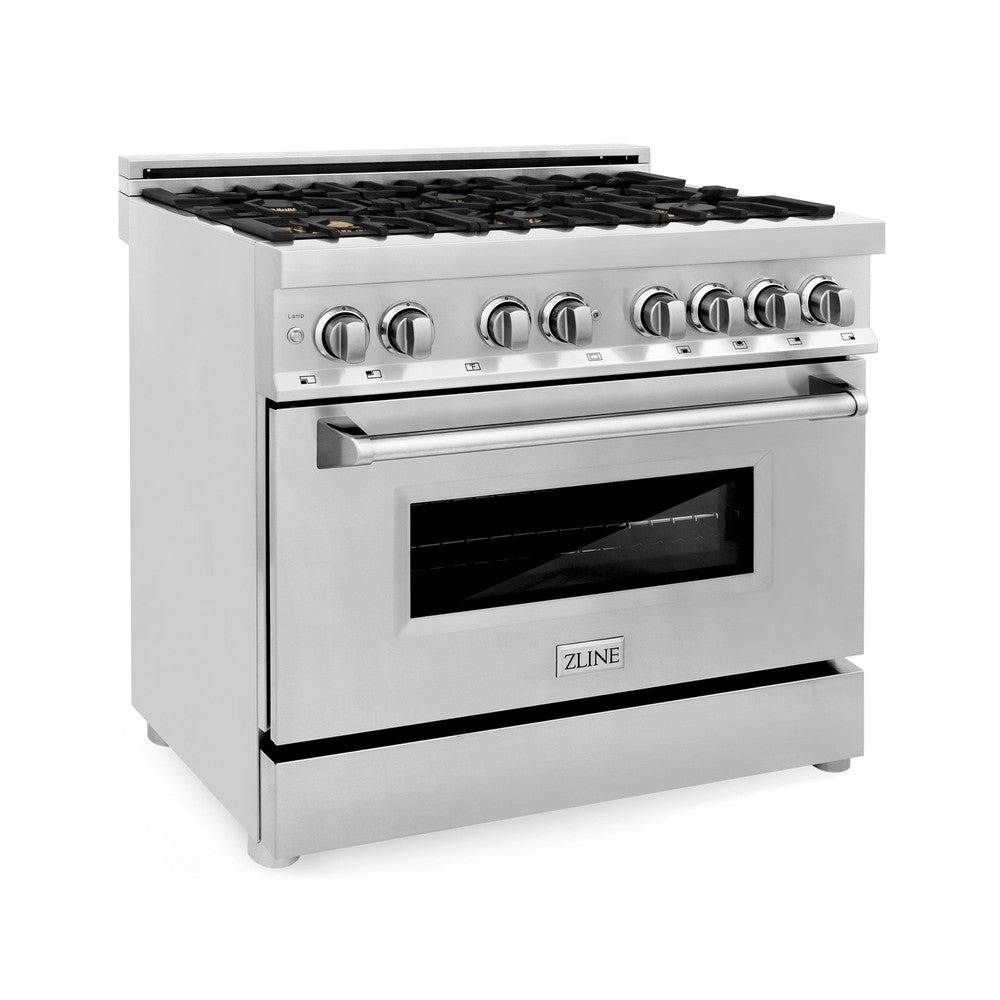 ZLINE 36 in. Dual Fuel Range with Gas Stove and Electric Oven in Stainless Steel with Brass Burners (RA-BR-36) side, oven closed.