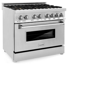 ZLINE 36 in. Dual Fuel Range with Gas Stove and Electric Oven in Stainless Steel with Brass Burners (RA-BR-36) side, oven door closed.