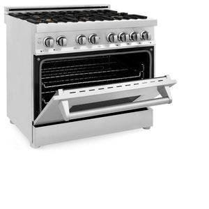 ZLINE 36 in. Dual Fuel Range with Gas Stove and Electric Oven in Stainless Steel with Brass Burners (RA-BR-36) side, oven door half open.