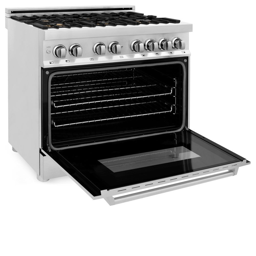 ZLINE 36 in. Dual Fuel Range with Gas Stove and Electric Oven in Stainless Steel with Brass Burners (RA-BR-36) side, oven door open.