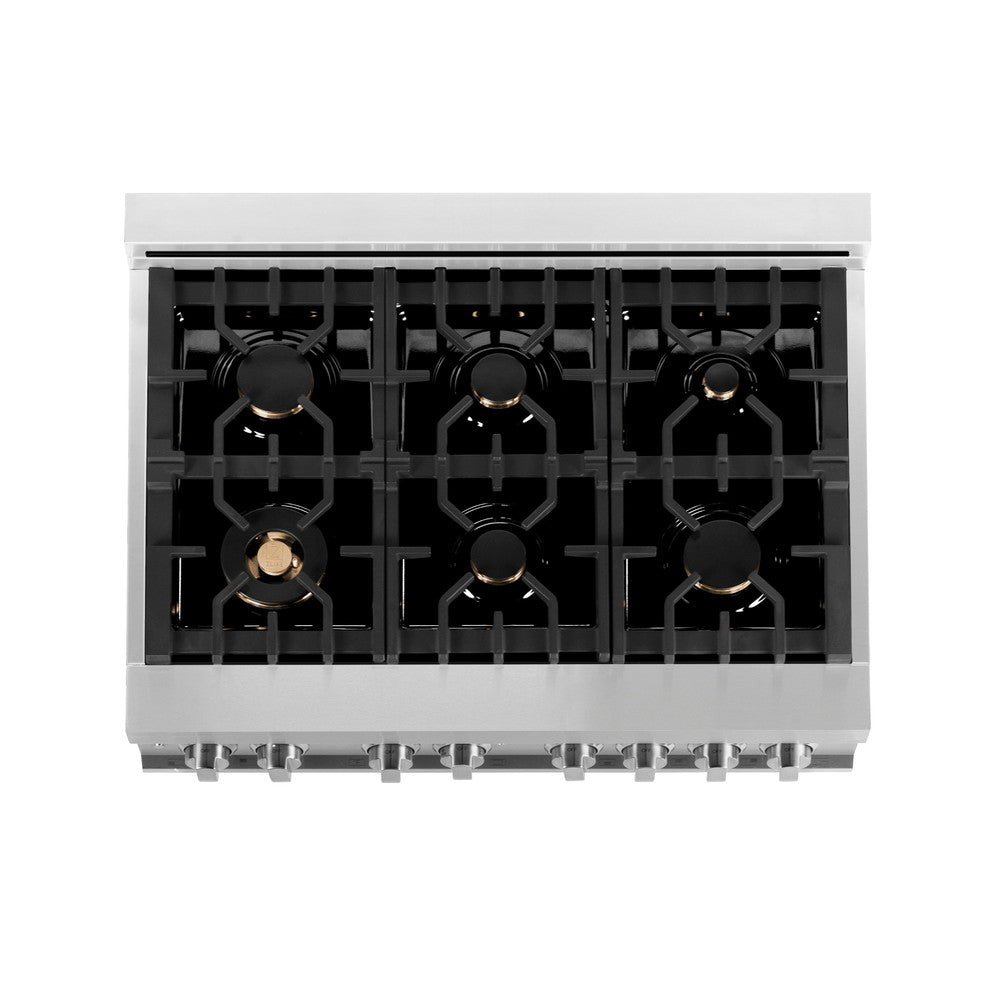 ZLINE 36 in. Dual Fuel Range with Gas Stove and Electric Oven in Stainless Steel with Brass Burners (RA-BR-36) from above showing cooktop with gas burners and cast-iron grates.