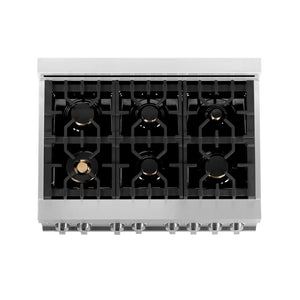 ZLINE 36 in. 4.6 cu. ft. Legacy Dual Fuel Range with Gas Cooktop and Electric Convection Oven in Stainless Steel with 6 Brass Burners (RA-BR-36) top-down, above cooktop.