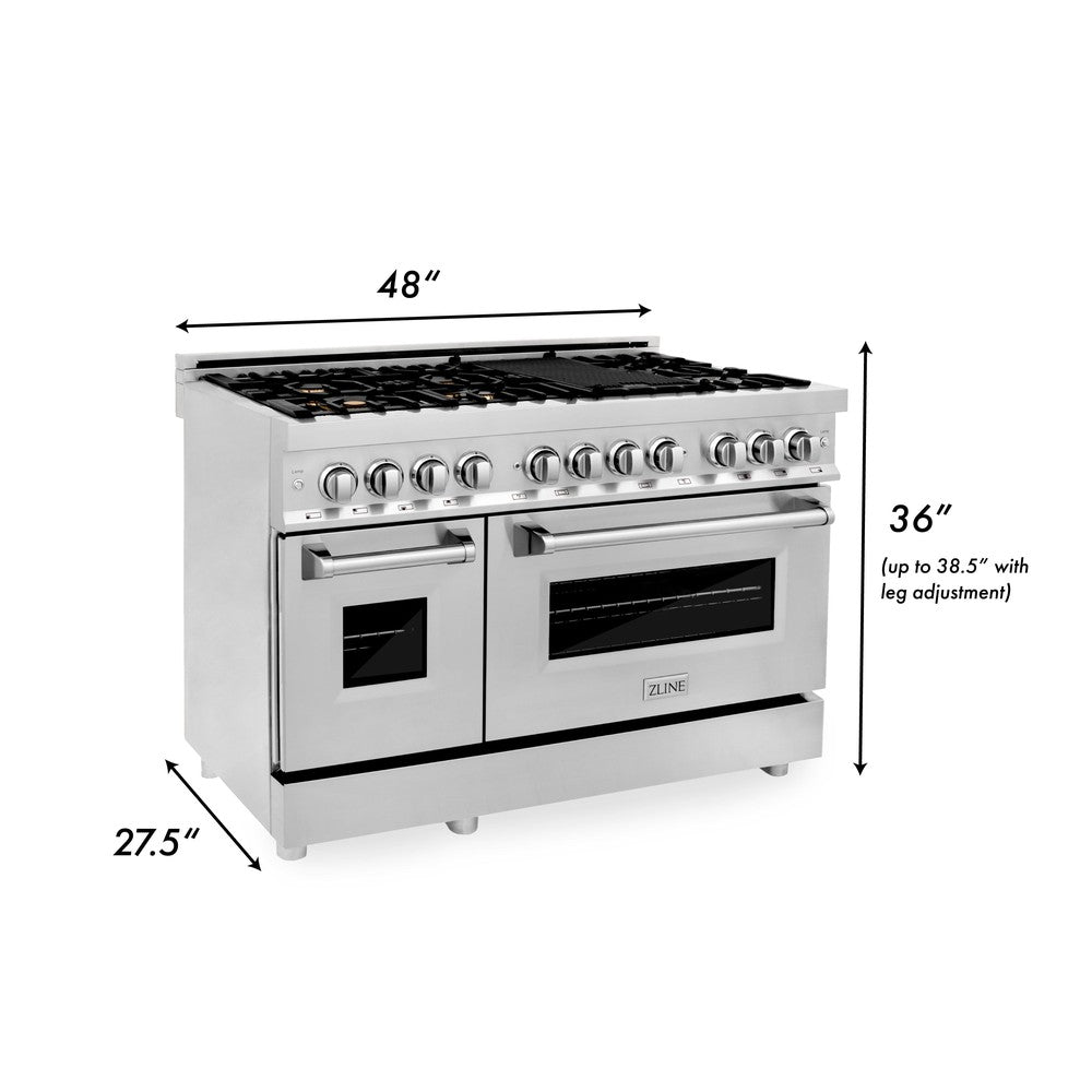 ZLINE 48 in. 6.0 cu. ft. Legacy Dual Fuel Range with Gas Cooktop and 2 Electric Ovens in Stainless Steel with 6 Brass Burners (RA-BR-48) dimensional diagram.