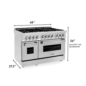 ZLINE 48 in. 6.0 cu. ft. Legacy Dual Fuel Range with Gas Cooktop and 2 Electric Ovens in Stainless Steel with Brass Burners (RA-BR-48) dimensional diagram.