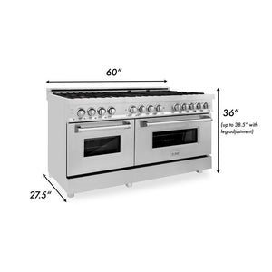 ZLINE 60 in. 7.4 cu. ft. Legacy Dual Fuel Range with Gas Cooktop and 2 Electric Convection Ovens in Stainless Steel with 8 Brass Burners (RA-BR-60) dimensional diagram.