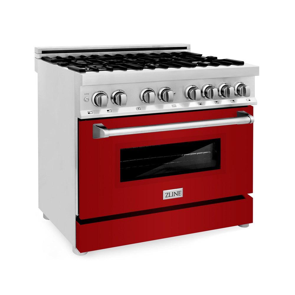 ZLINE 36 in. 4.6 cu. ft. Legacy Dual Fuel Range with 6 Burner Gas Cooktop and Electric Convection Oven in Stainless Steel and Red Gloss Door (RA-RG-36)