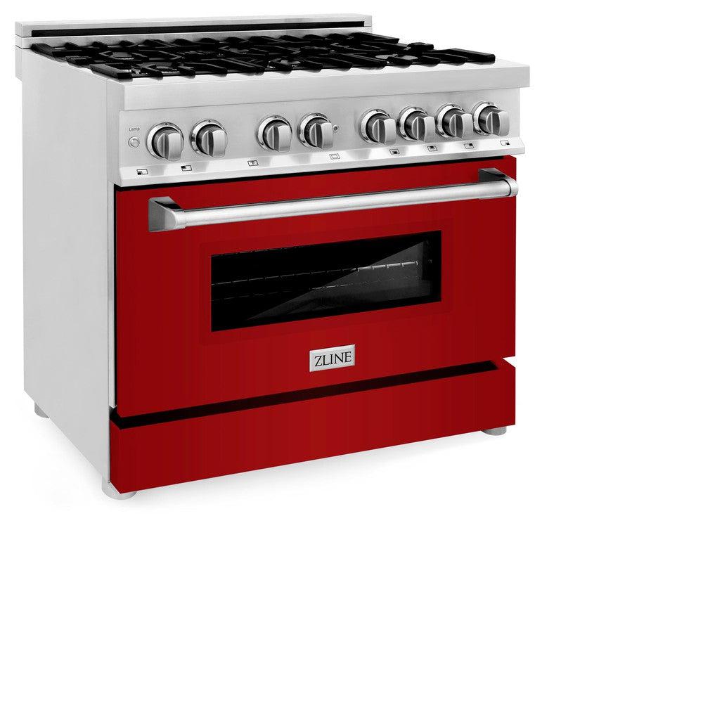 ZLINE 36 in. 4.6 cu. ft. Legacy Dual Fuel Range with 6 Burner Gas Cooktop and Electric Convection Oven in Stainless Steel and Red Gloss Door (RA-RG-36) side, oven closed.