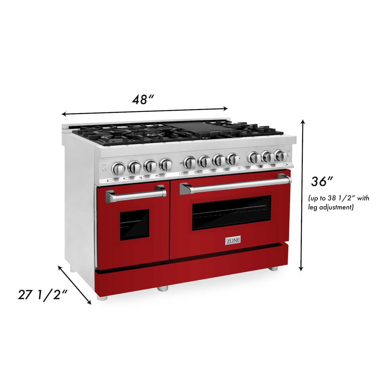 ZLINE 48 in. 6.0 cu. ft. Legacy Dual Fuel Range with 7 Burner Gas Cooktop and 2 Electric Ovens in Stainless Steel and Red Gloss Doors (RA-RG-48) dimensional diagram.