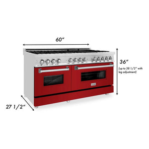 ZLINE 60 in. 7.4 cu. ft. Legacy Dual Fuel Range with 9 Burner Gas Cooktop and 2 Electric Convection Ovens in Stainless Steel and Red Gloss Doors (RA-RG-60) dimensional diagram.