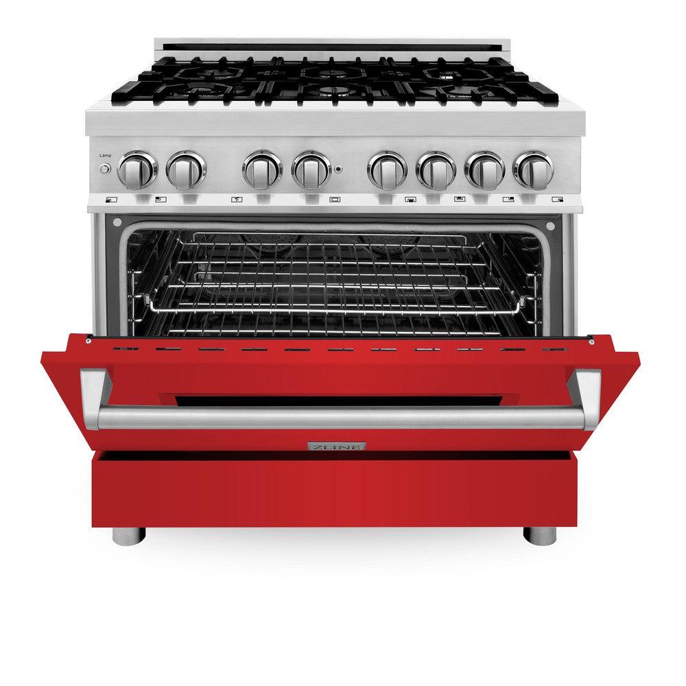 ZLINE 36 in. 4.6 cu. ft. Legacy Dual Fuel Range with 6 Burner Gas Cooktop and Electric Convection Oven in Stainless Steel and Red Matte Door (RA-RM-36) front, oven half open.