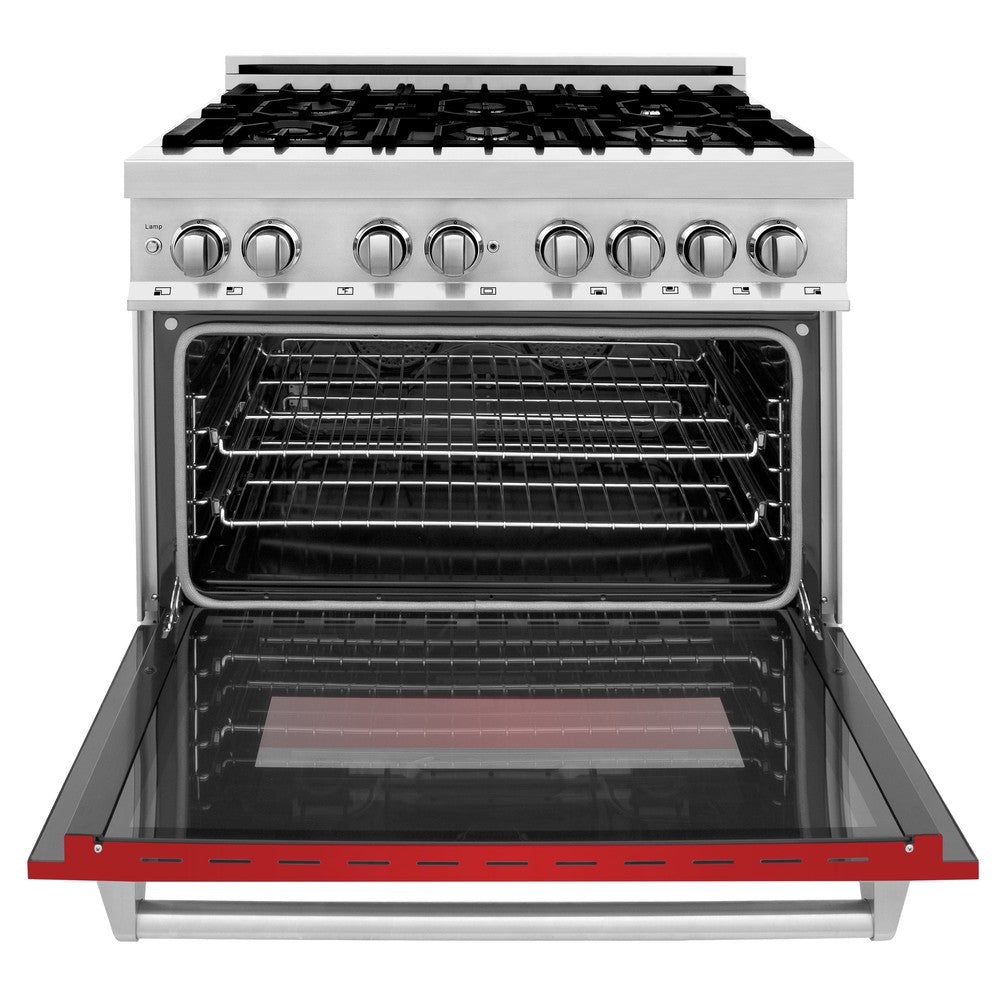 ZLINE 36 in. 4.6 cu. ft. Legacy Dual Fuel Range with 6 Burner Gas Cooktop and Electric Convection Oven in Stainless Steel and Red Matte Door (RA-RM-36) front, oven open.