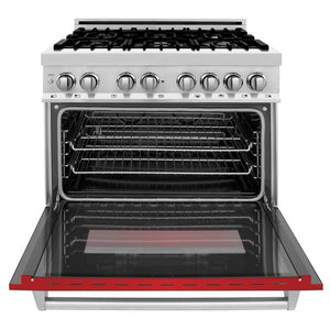 ZLINE 36 in. 4.6 cu. ft. Legacy Dual Fuel Range with 6 Burner Gas Cooktop and Electric Convection Oven in Stainless Steel and Red Matte Door (RA-RM-36) front, open.