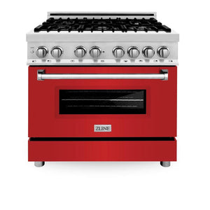 ZLINE 36 in. 4.6 cu. ft. Legacy Dual Fuel Range with 6 Burner Gas Cooktop and Electric Convection Oven in Stainless Steel and Red Matte Door (RA-RM-36) front, oven closed.