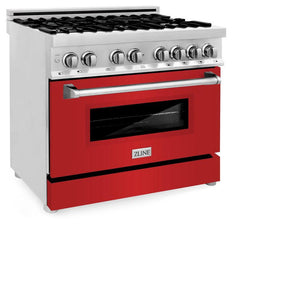 ZLINE 36 in. 4.6 cu. ft. Legacy Dual Fuel Range with 6 Burner Gas Cooktop and Electric Convection Oven in Stainless Steel and Red Matte Door (RA-RM-36) side, oven closed.