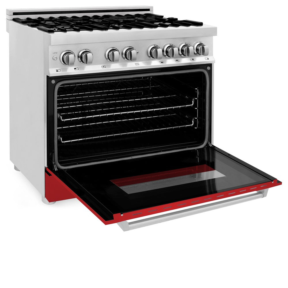 ZLINE 36 in. 4.6 cu. ft. Legacy Dual Fuel Range with 6 Burner Gas Cooktop and Electric Convection Oven in Stainless Steel and Red Matte Door (RA-RM-36) side, oven open.