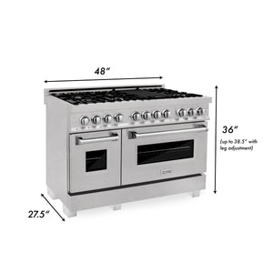 ZLINE 48 in. Kitchen Package with DuraSnow® Stainless Dual Fuel Range, Ducted Vent Range Hood and Tall Tub Dishwasher (3KP-RASRH48-DWV) dimensional diagram with measurements.