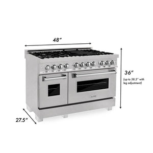 ZLINE 48 in. Kitchen Package with Satin Stainless Steel Dual Fuel Range and Convertible Vent Range Hood (2KP-RASSNRH48) dimensional diagram with measurements.