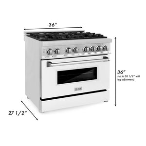 ZLINE 36 in. 4.6 cu. ft. Legacy Dual Fuel Range with 6 Burner Gas Cooktop and Electric Convection Oven in Stainless Steel and White Matte Door (RA-WM-36) dimensional diagram.