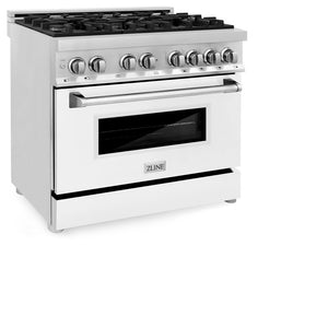 ZLINE 36 in. 4.6 cu. ft. Legacy Dual Fuel Range with 6 Burner Gas Cooktop and Electric Convection Oven in Stainless Steel and White Matte Door (RA-WM-36) side, oven closed.