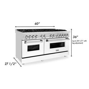 ZLINE 60 in. 7.4 cu. ft. Legacy Dual Fuel Range with 9 Burner Gas Cooktop and 2 Electric Convection Ovens in Stainless Steel and White Matte Doors (RA-WM-60) dimensional diagram.