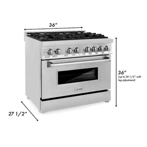 ZLINE 36 in. Dual Fuel Range with Gas Stove and Electric Oven in Stainless Steel (RA36) dimensional measurements.