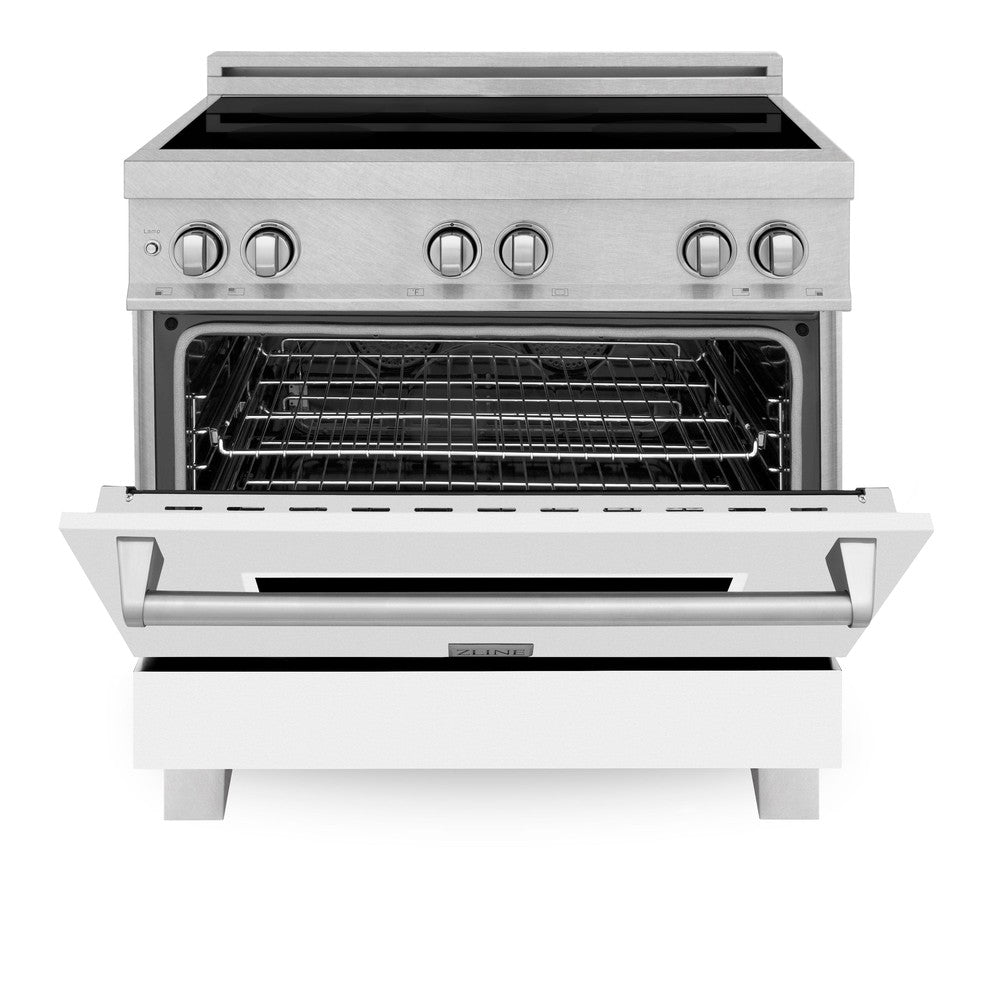 ZLINE 36 in. 4.6 cu. ft. Induction Range with a 5 Element Stove and Electric Oven in White Matte (RAINDS-WM-36) front, oven door half open.