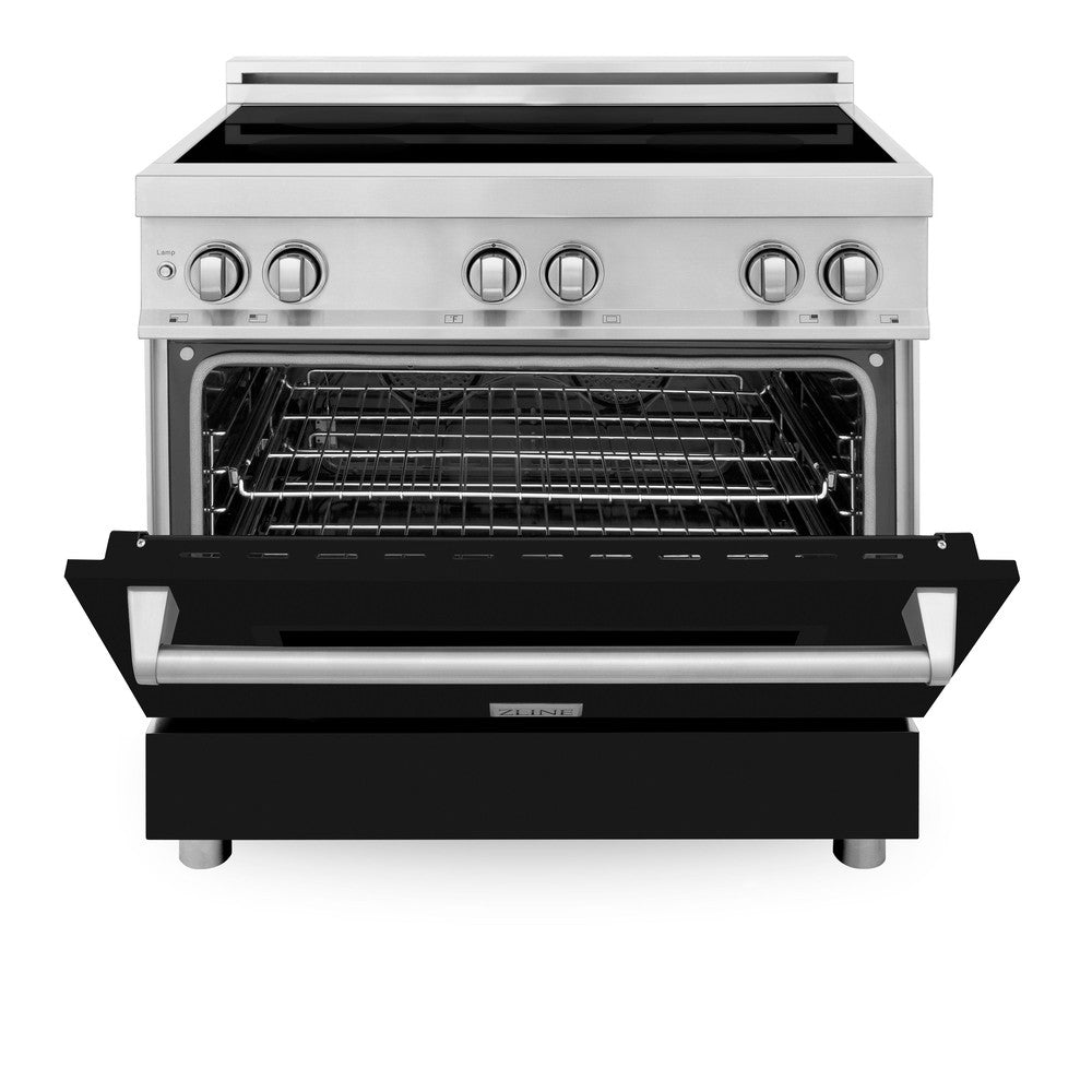 ZLINE 36 in. 4.6 cu. ft. Induction Range with a 5 Element Stove and Electric Oven in Black Matte (RAIND-BLM-36) front, oven door half open.