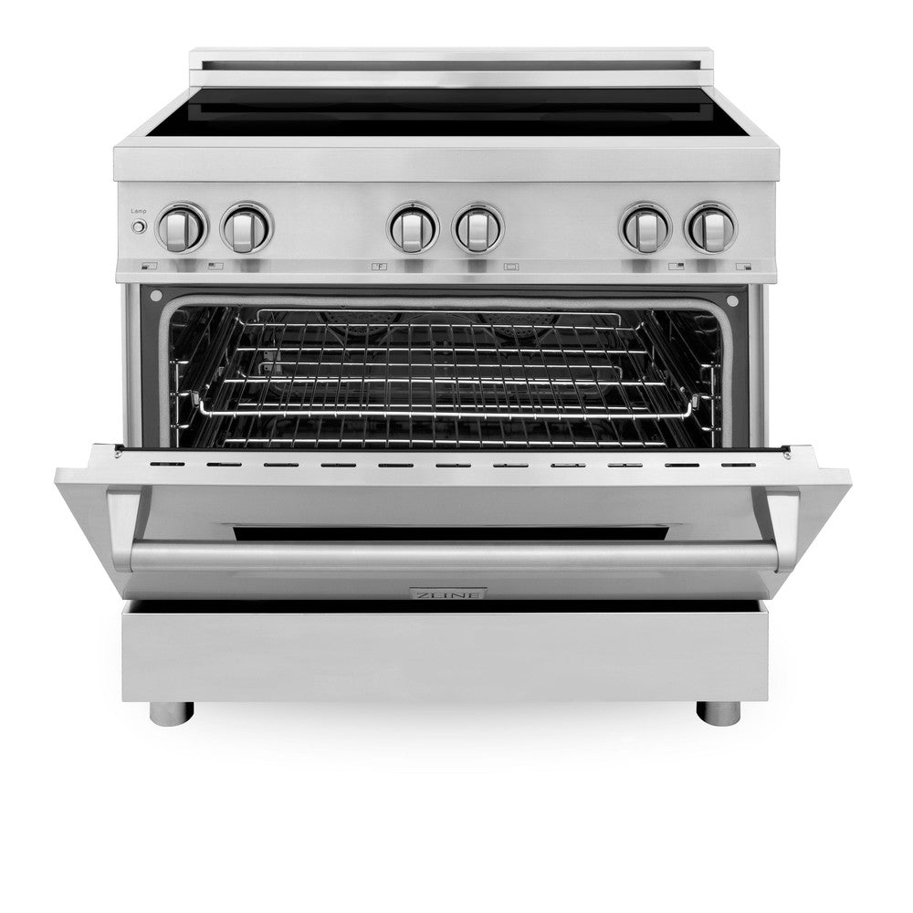 ZLINE 36 in. 4.6 cu. ft. Induction Range with a 5 Element Stove and Electric Oven in Stainless Steel (RAIND-36) front, oven door half open.