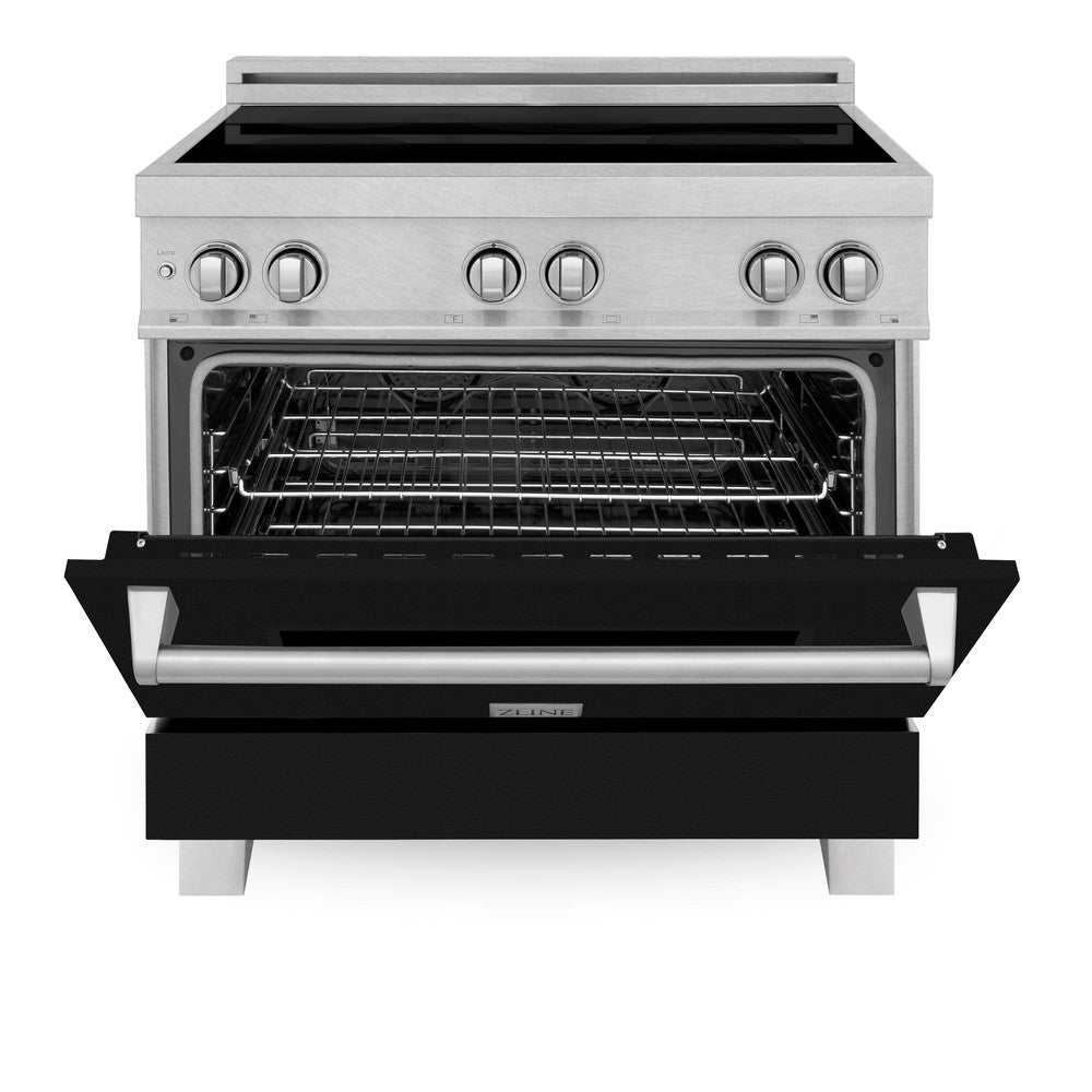 ZLINE 36 in. 4.6 cu. ft. Induction Range with a 5 Element Stove and Electric Oven in Black Matte (RAINDS-BLM-36) front, oven door half open.
