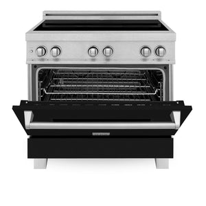 ZLINE 36 in. 4.6 cu. ft. Induction Range with a 5 Element Stove and Electric Oven in Black Matte (RAINDS-BLM-36) front, oven door half open.