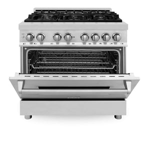 ZLINE 36 in. Dual Fuel Range with Gas Stove and Electric Oven in Stainless Steel (RA36) Front View Oven Door Partially Open