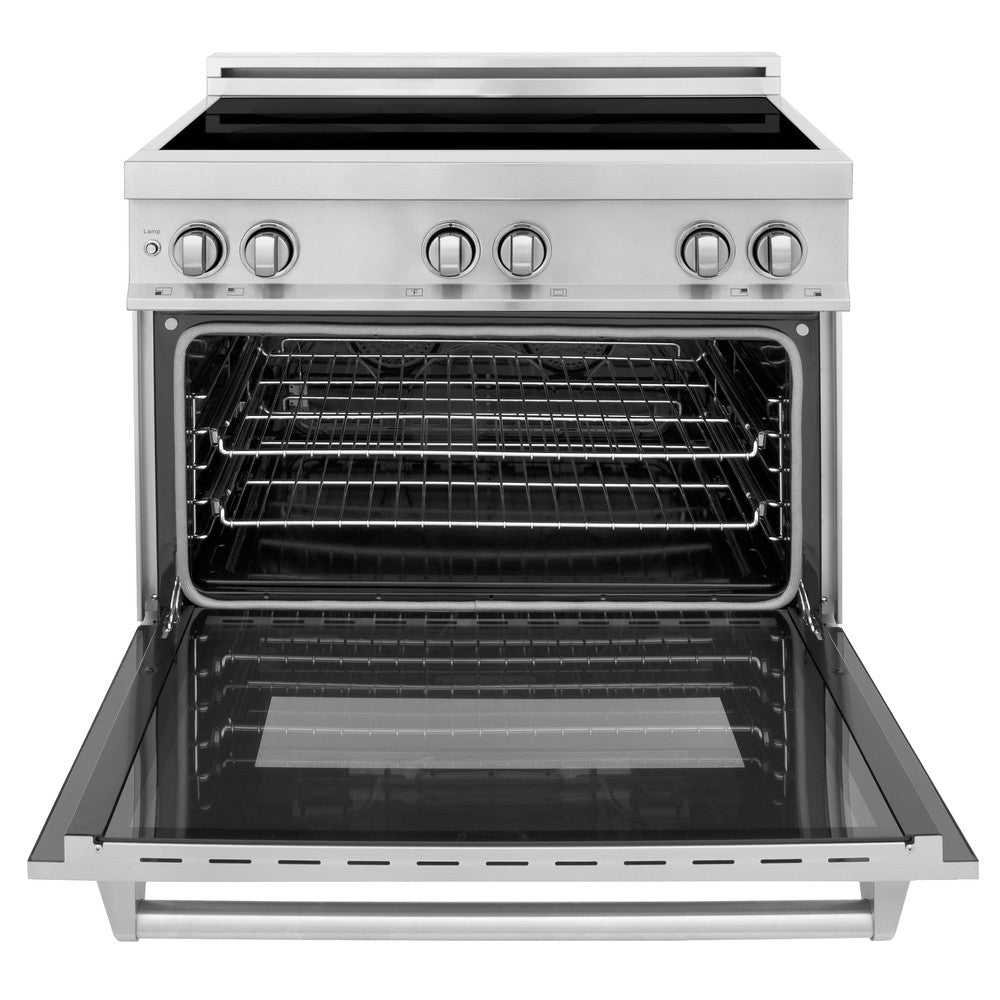 ZLINE 36 in. 4.6 cu. ft. Induction Range with a 5 Element Stove and Electric Oven in Stainless Steel (RAIND-36) front, oven door open.