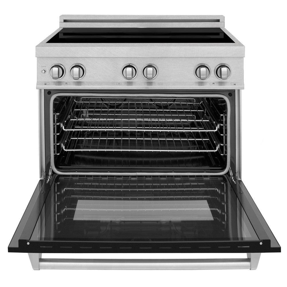ZLINE 36 in. 4.6 cu. ft. Induction Range with a 5 Element Stove and Electric Oven in Black Matte (RAINDS-BLM-36) front, oven door open.