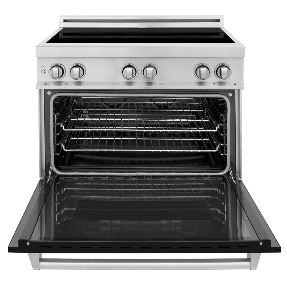 ZLINE 36 in. 4.6 cu. ft. Legacy Induction Range with 5 Element Cooktop and Electric Oven in Stainless Steel and Black Matte Door (RAIND-BLM-36) front, oven open.