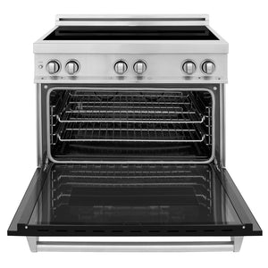 ZLINE 36 in. 4.6 cu. ft. Induction Range with a 5 Element Stove and Electric Oven in Black Matte (RAIND-BLM-36) front, oven door open.