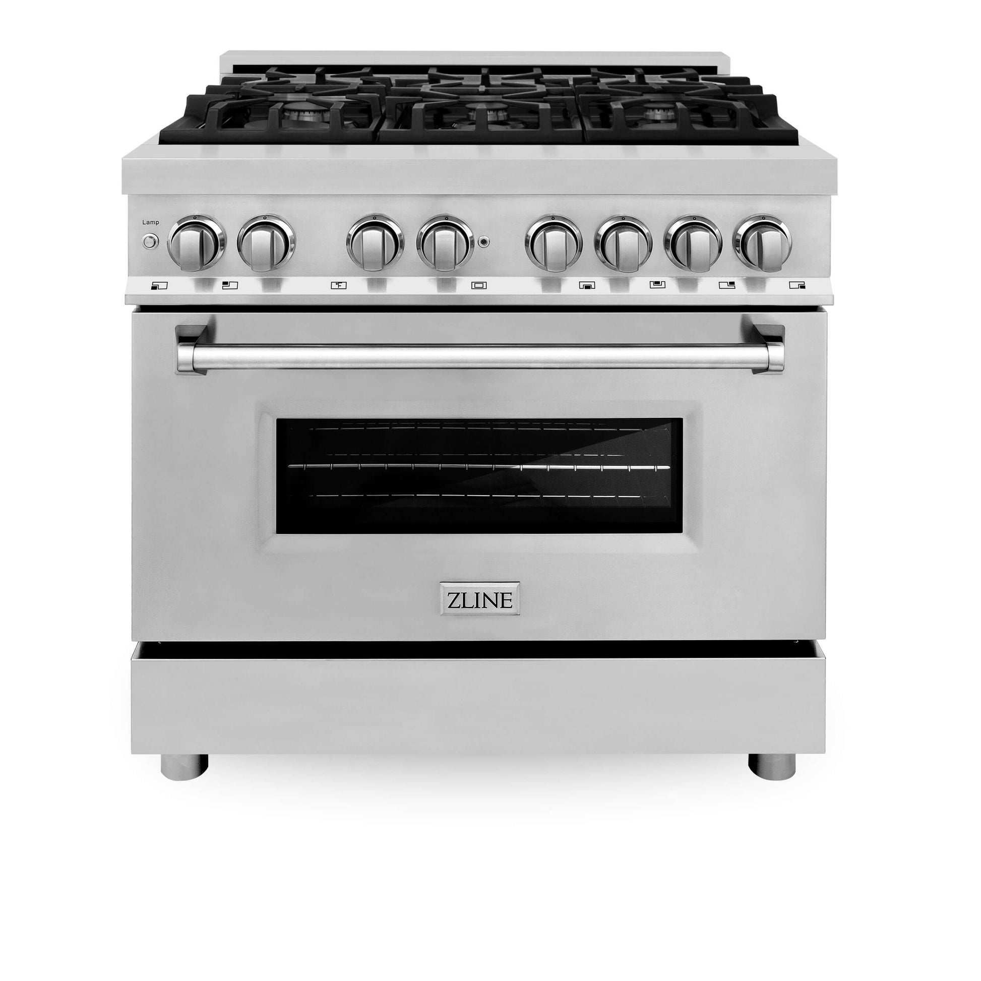 ZLINE 36 in. Dual Fuel Range with Gas Stove and Electric Oven in Stainless Steel (RA36) front, oven closed.