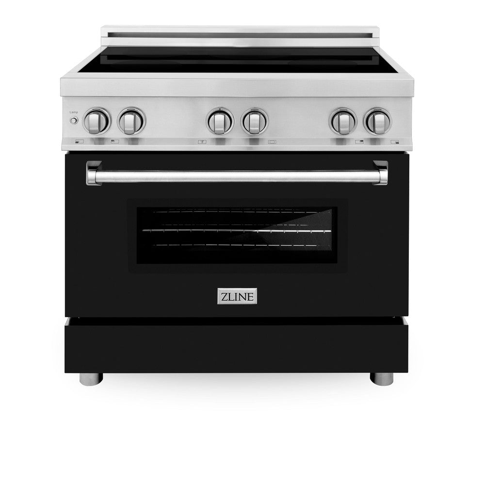 ZLINE 36 in. 4.6 cu. ft. Legacy Induction Range with 5 Element Cooktop and Electric Oven in Stainless Steel and Black Matte Door (RAIND-BLM-36) front, oven closed.