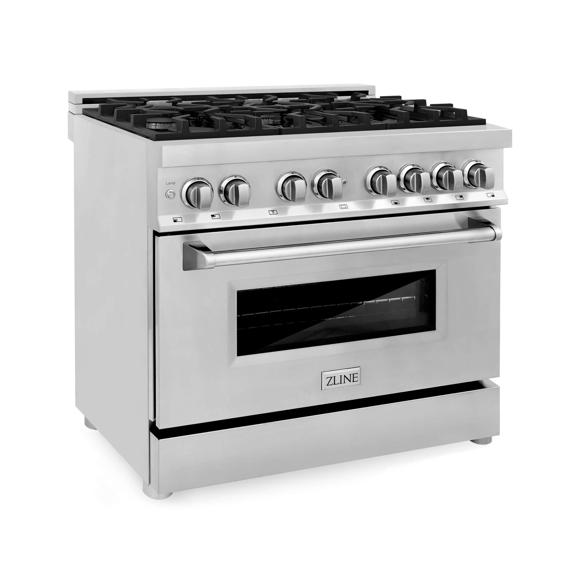 ZLINE 36 in. Dual Fuel Range with Gas Stove and Electric Oven in Stainless Steel (RA36) side, oven closed.