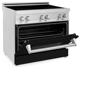 ZLINE 36 in. 4.6 cu. ft. Induction Range with a 5 Element Stove and Electric Oven in Black Matte (RAIND-BLM-36) side, oven door half open.