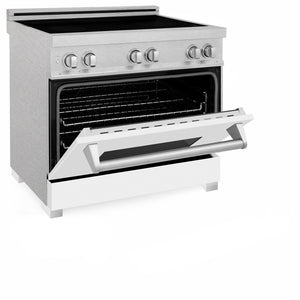 ZLINE 36 in. 4.6 cu. ft. Induction Range with a 5 Element Stove and Electric Oven in White Matte (RAINDS-WM-36) side, oven door half open.