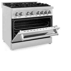 ZLINE 36 in. Dual Fuel Range with Gas Stove and Electric Oven in Stainless Steel (RA36) side, oven half open.