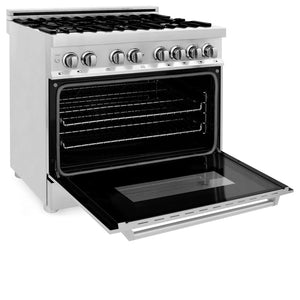 ZLINE 36 in. Dual Fuel Range with Gas Stove and Electric Oven in Stainless Steel (RA36) side, oven open.