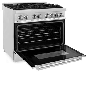 ZLINE 36 in. Dual Fuel Range with Gas Stove and Electric Oven in Stainless Steel (RA36) side, oven door open.