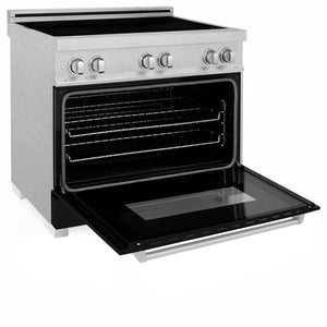 ZLINE 36 in. 4.6 cu. ft. Induction Range with a 5 Element Stove and Electric Oven in Black Matte (RAINDS-BLM-36) side, oven door open.