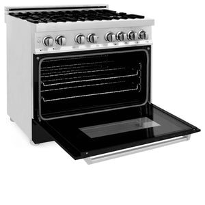 ZLINE 36 in. Dual Fuel Range with Gas Stove and Electric Oven in Stainless Steel (RA36) side, oven open.