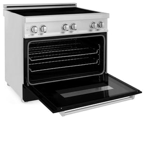 ZLINE 36 in. 4.6 cu. ft. Induction Range with a 5 Element Stove and Electric Oven in Black Matte (RAIND-BLM-36) side, oven door open.