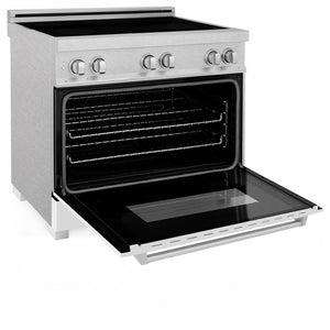 ZLINE 36 in. 4.6 cu. ft. Induction Range with a 5 Element Stove and Electric Oven in White Matte (RAINDS-WM-36) side, oven door open.
