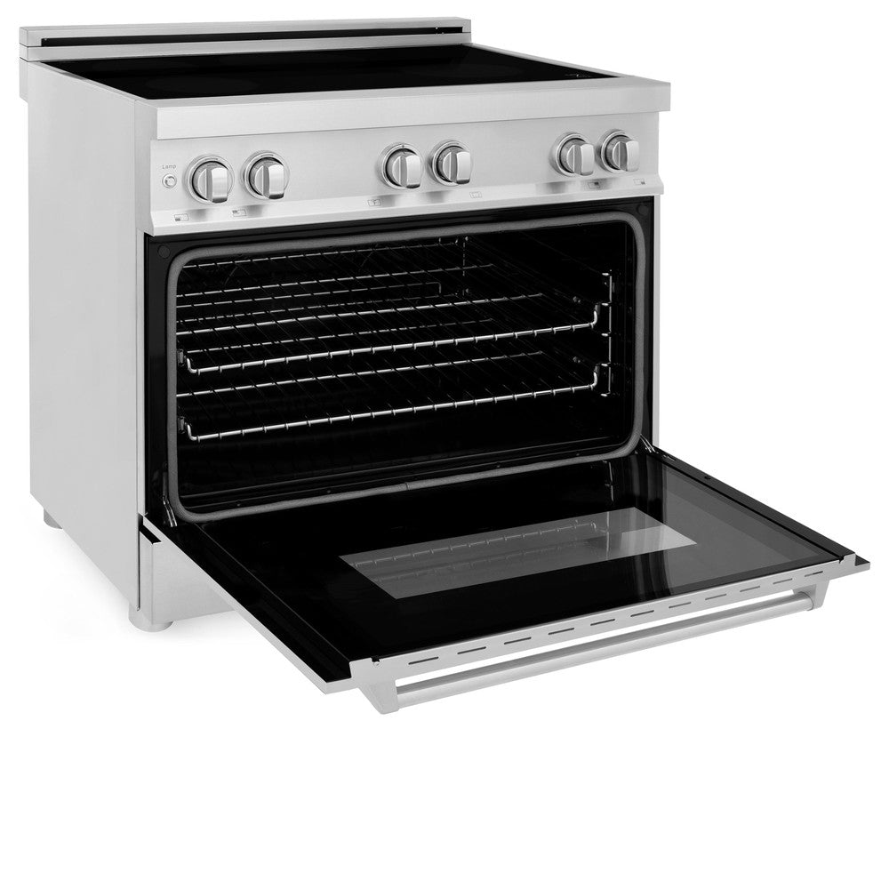 ZLINE 36 in. 4.6 cu. ft. Induction Range with a 5 Element Stove and Electric Oven in Stainless Steel (RAIND-36) side, oven door open.