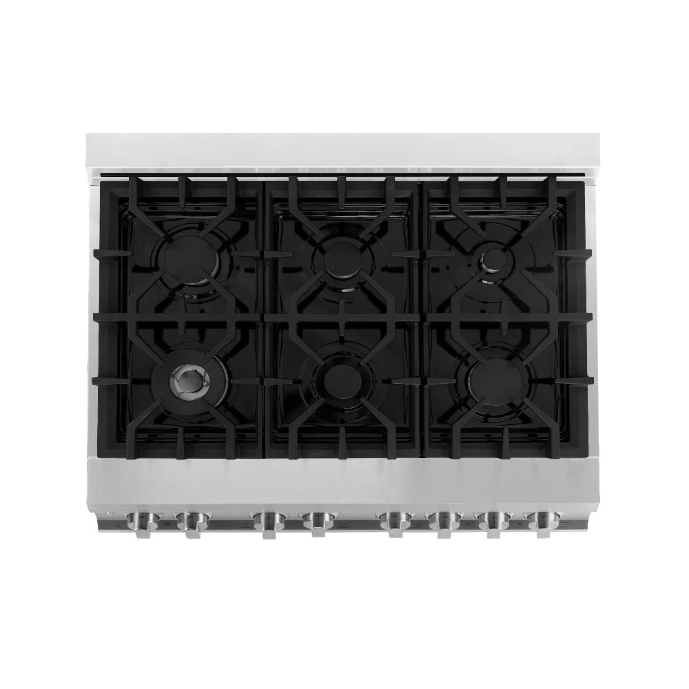 ZLINE 36 in. Dual Fuel Range with Gas Stove and Electric Oven in Stainless Steel (RA36) above 6-burner black porcelain gas cooktop.