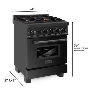 ZLINE 24 in. 2.8 cu. ft. Legacy Dual Fuel Range with Gas Cooktop and Electric Convection Oven in Black Stainless Steel with 4 Brass Burners (RAB-BR-24) dimensional diagram.
